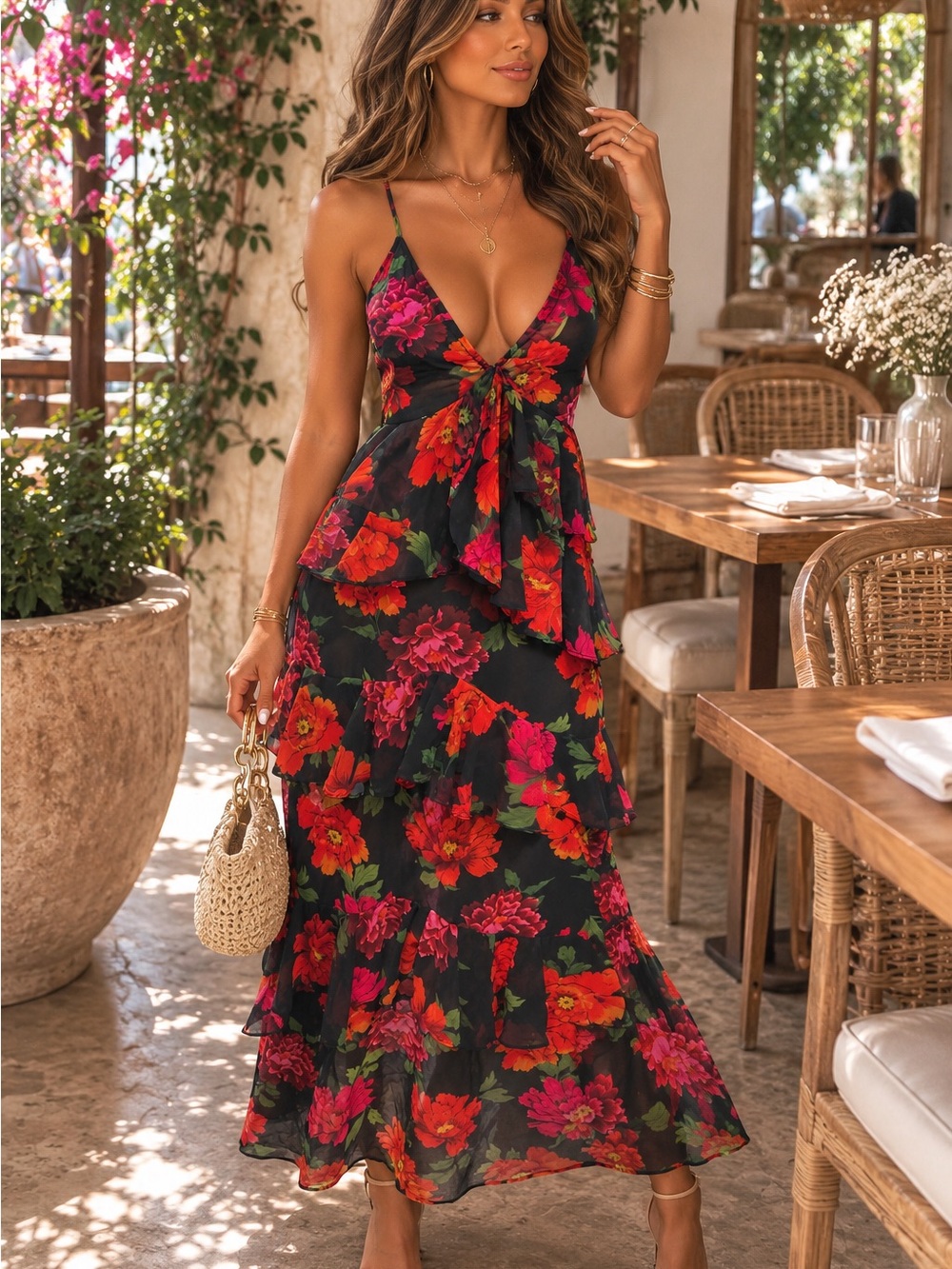 Source Unknown Black Maxi Dress with Red & Pink Floral Print